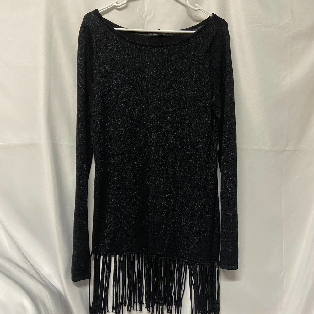 White House Black Market Sweater Tunic M With Fringe Boho Hippie Metallic